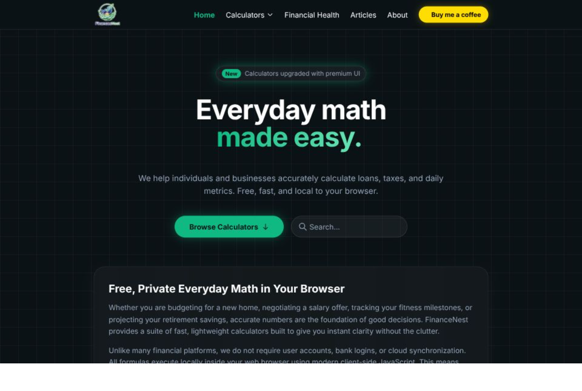 FinanceNest free online financial calculators web app design