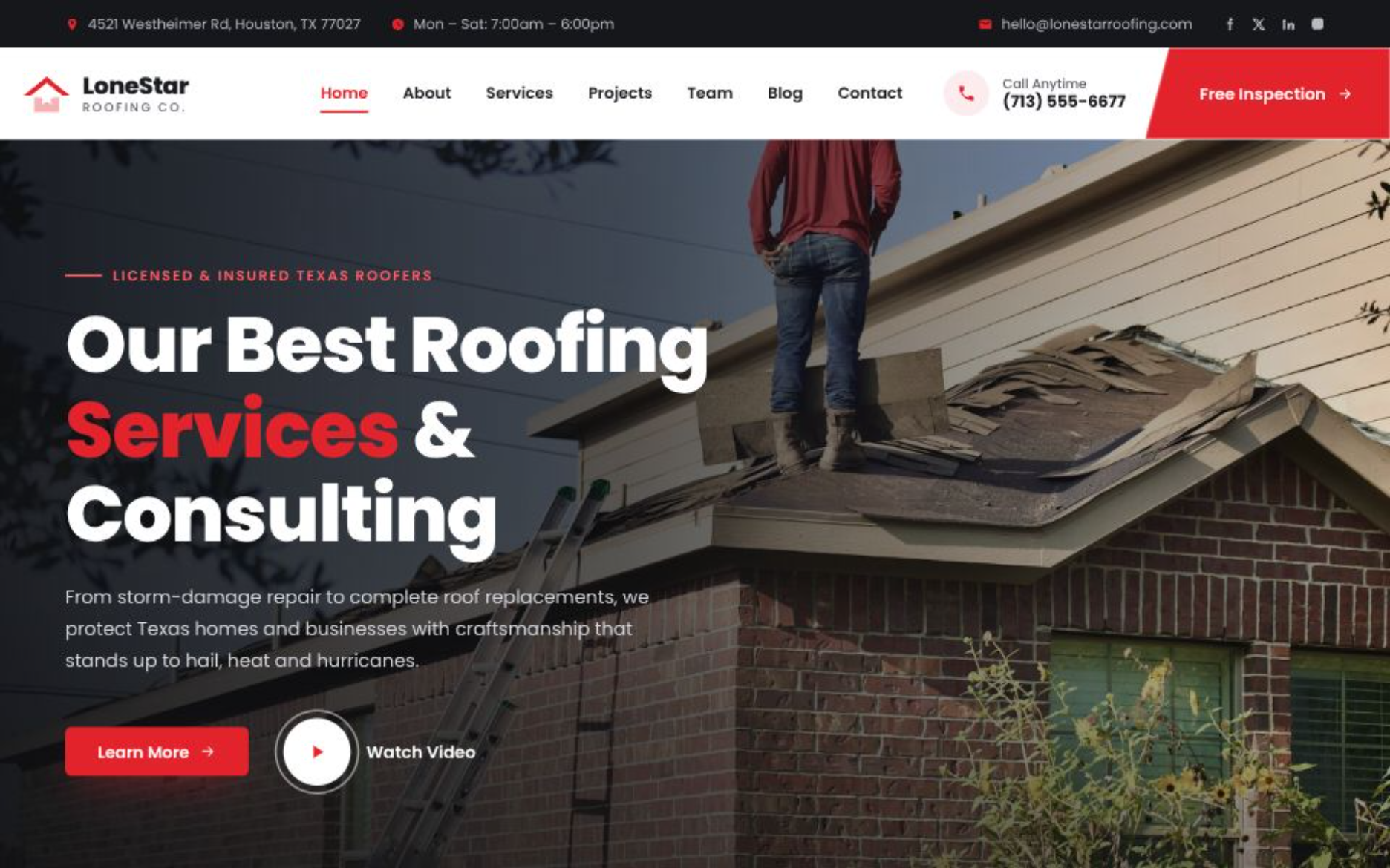 Lone Star Roofing homepage design featuring Next.js and Framer Motion